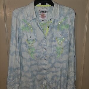 Roar Light Blue Embroidered Button-Up Shirt